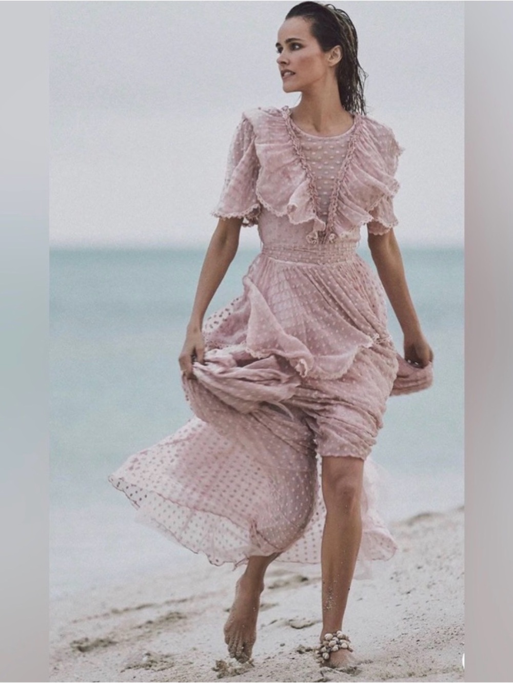 🔮Spell 💎Silk Zoe Gown Blush Pink Textured Polka Dot Gorgeous Layered Dress